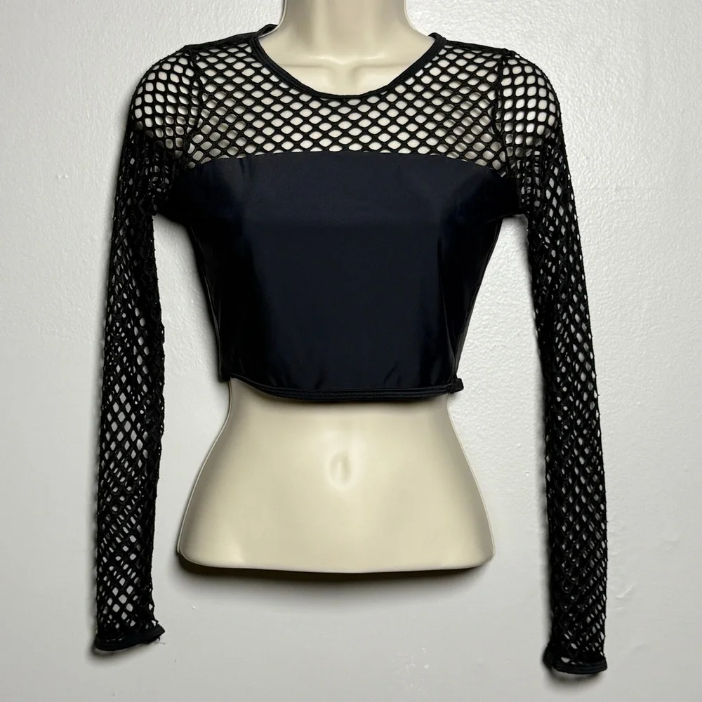 Piha Swimwear Womens Mesh Crop Top 6 Black Swim Top Stretch Smooth